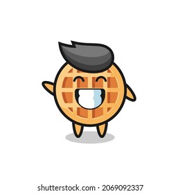 circle waffle cartoon character doing wave hand gesture , cute design