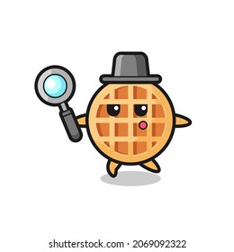 circle waffle cartoon character searching with a magnifying glass , cute design