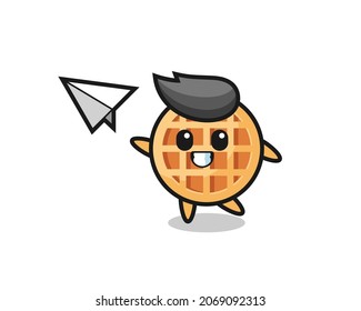 circle waffle cartoon character throwing paper airplane , cute design