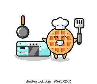 circle waffle character illustration as a chef is cooking , cute design