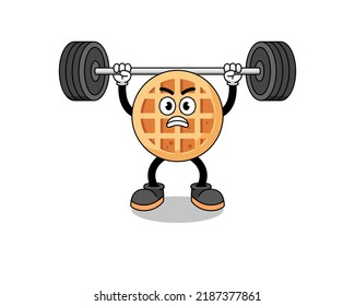 circle waffle mascot cartoon lifting a barbell , character design