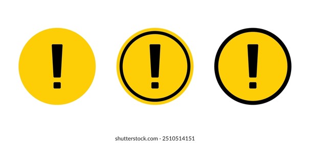 Advertencia de círculo, icono de signo de precaución establecido en estilo plano