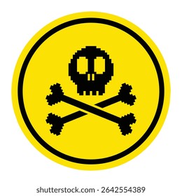 Circle warning sign featuring a pixelated black skull and crossbones symbol. The icon has a retro 8-bit style and is used to indicate danger, poison, or hazardous material.