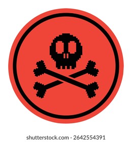 Circle warning sign featuring a pixelated black skull and crossbones symbol. The icon has a retro 8-bit style and is used to indicate danger, poison, or hazardous material.