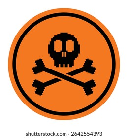 Circle warning sign featuring a pixelated black skull and crossbones symbol. The icon has a retro 8-bit style and is used to indicate danger, poison, or hazardous material.