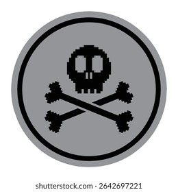 A circle warning sign featuring a pixelated black skull and crossbones symbol. The icon has a retro 8-bit style and is used to indicate danger, poison, or hazardous material.
