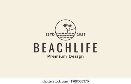 circle water beach and coconut trees lines  logo vector symbol icon design graphic illustration
