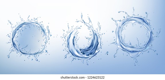 Circle water splashes with drops and bubbles realistic vector set. Twisted wave or swirl of fresh, clear aqua in motion 3d illustration. Natural pure concept. Eco product presentation design element