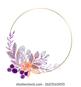 Circle watercolor flower with golden frame.