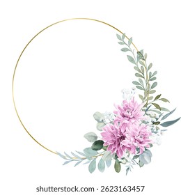 Circle watercolor flower with golden frame.