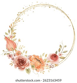 Circle watercolor flower with golden frame.