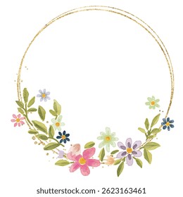 Circle watercolor flower with golden frame.