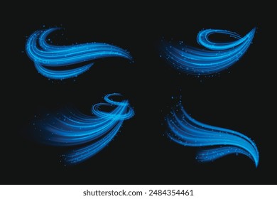 Circle and wave blue wind effect with particles. Realistic 3d vector illustration set of abstract curve magic cool air swirl with glitter. Cold clean breath movement trail. Glow bend streak.