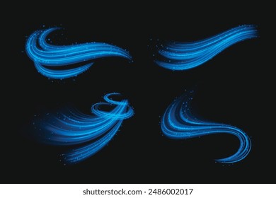 Circle and wave blue wind effect with particles. Realistic 3d vector illustration set of abstract curve magic cool air swirl with glitter. Cold clean breath movement trail. Glow bend streak.