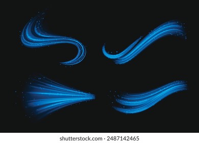 Circle and wave blue wind effect with particles. Realistic 3d vector illustration set of abstract curve magic cool air swirl with glitter. Cold clean breath movement trail. Glow bend streak.