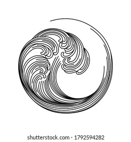 Circle Wave Graphics. Sea Wave Storm Linear Style. Idea For A Tattoo.