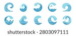 Circle wave icon set. Ocean and sea waves logo symbols in droplet, surf crest, foam, splash and curl shapes. Water, river, coast, beach, marine badge and nautical emblem elements. Vector illustration