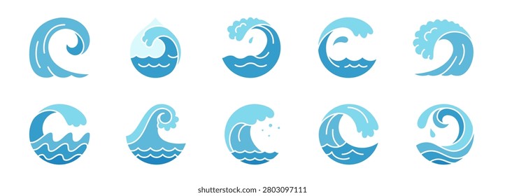 Circle wave icon set. Ocean and sea waves logo symbols in droplet, surf crest, foam, splash and curl shapes. Water, river, coast, beach, marine badge and nautical emblem elements. Vector illustration