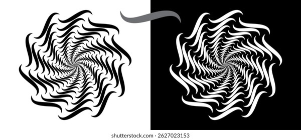 Circle with wave lines as dynamic abstract vector background or logo or icon. Flower concept. Black spiral on white background and white spiral on black background.