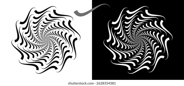 Circle with wave lines as dynamic abstract vector background or logo or icon. Flower concept. Black spiral on white background and white spiral on black background.