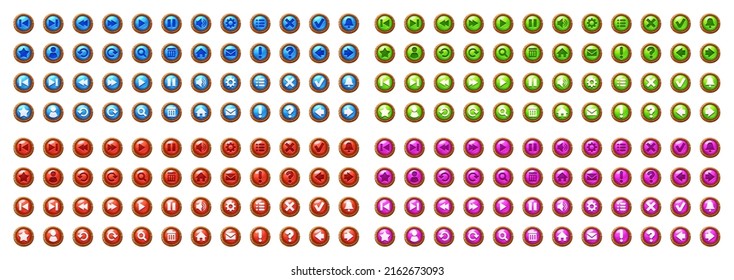 Circle web buttons with wooden frame and icons. Vector cartoon set of blue, green, red and pink ui elements with wood border and signs for game menu interface or website isolated on white background