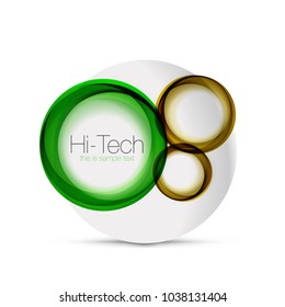 Circle web layout - digital techno spheres - web banner, button or icon with text. Glossy swirl color abstract circle design, hi-tech futuristic symbol with color rings and grey metallic element