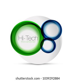 Circle web layout - digital techno spheres - web banner, button or icon with text. Glossy swirl color abstract circle design, hi-tech futuristic symbol with color rings and grey metallic element