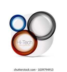 Circle web layout - digital techno spheres - web banner, button or icon with text. Glossy swirl color abstract circle design, hi-tech futuristic symbol with color rings and grey metallic element