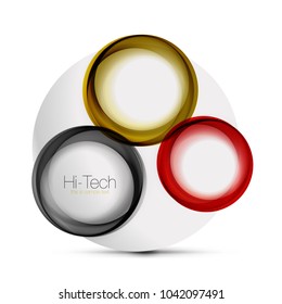 Circle web layout - digital techno spheres - web banner, button or icon with text. Glossy swirl color abstract circle design, hi-tech futuristic symbol with color rings and grey metallic element