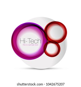 Circle web layout - digital techno spheres - web banner, button or icon with text. Glossy swirl color abstract circle design, hi-tech futuristic symbol with color rings and grey metallic element