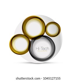 Circle web layout - digital techno spheres - web banner, button or icon with text. Glossy swirl color abstract circle design, hi-tech futuristic symbol with color rings and grey metallic element