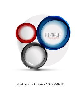 Circle web layout - digital techno spheres - web banner, button or icon with text. Glossy swirl color abstract circle design, hi-tech futuristic symbol with color rings and grey metallic element