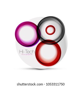 Circle web layout - digital techno spheres - web banner, button or icon with text. Glossy swirl color abstract circle design, hi-tech futuristic symbol with color rings and grey metallic element