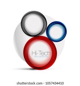 Circle web layout - digital techno spheres - web banner, button or icon with text. Glossy swirl color abstract circle design, hi-tech futuristic symbol with color rings and grey metallic element