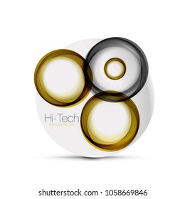 Circle web layout - digital techno spheres - web banner, button or icon with text. Glossy swirl color abstract circle design, hi-tech futuristic symbol with color rings and grey metallic element