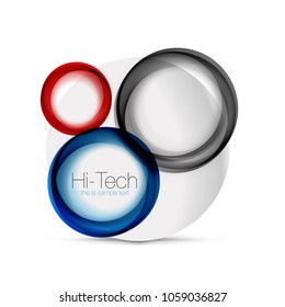 Circle web layout - digital techno spheres - web banner, button or icon with text. Glossy swirl color abstract circle design, hi-tech futuristic symbol with color rings and grey metallic element