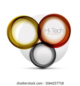 Diseño web circular - esferas tecnológicas digitales - banner web, botón o icono con texto. Diseño de círculo abstracto de color giratorio brillante, símbolo futurista de alta tecnología con anillos de color y elemento metálico gris