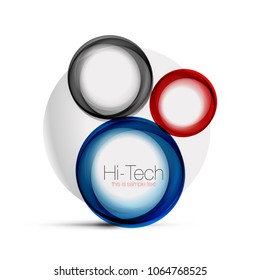 Circle web layout - digital techno spheres - web banner, button or icon with text. Glossy swirl color abstract circle design, hi-tech futuristic symbol with color rings and grey metallic element