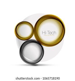 Circle web layout - digital techno spheres - web banner, button or icon with text. Glossy swirl color abstract circle design, hi-tech futuristic symbol with color rings and grey metallic element