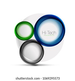 Circle web layout - digital techno spheres - web banner, button or icon with text. Glossy swirl color abstract circle design, hi-tech futuristic symbol with color rings and grey metallic element