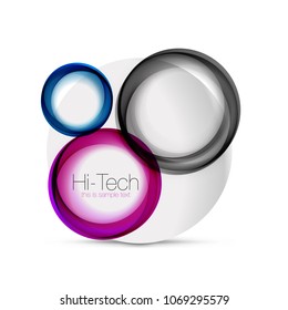 Circle web layout - digital techno spheres - web banner, button or icon with text. Glossy swirl color abstract circle design, hi-tech futuristic symbol with color rings and grey metallic element