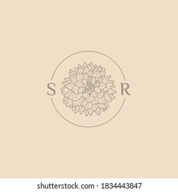 Circle Wedding Monogram and Logo with Dahlia Flowers in Trendy Minimal Liner Style. Vector Floral template for Invitation Cards, Save the Date, tattoo designs, identity for spa, boutique and store