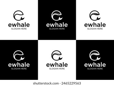 circle whale logo vector illustration design, whale line art logo design with initial e