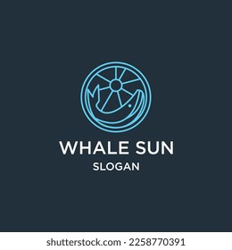 circle whale sun logo vector illustration design, whale fish line art logo design