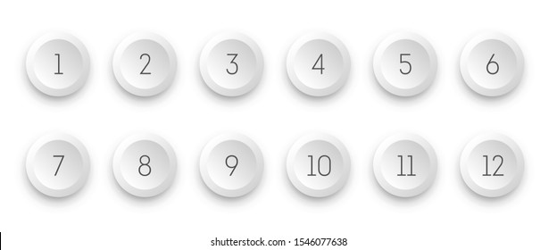 Circle white 3d icon set with number bullet point from 1 to 12. 