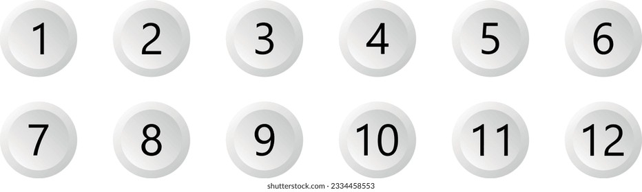 Circle white 3d icon set on blue isolated background with number bullet point from 1 to 12. Vector ilustration.