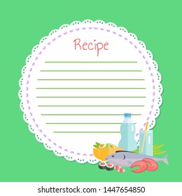 Circle white empty list for noting recipe, cookbook decorated seafood, slices of fish, salmon and sushi, bottle and glass with drink, japan food vector