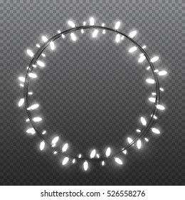 Circle White Garlands, Festive Decorations. Glowing Christmas Lights Isolated On Transparent Background. Vector Objects.