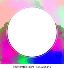 circle white on watercolor texture art for banner background, white circle empty frame of water color pink, circle banner art frame mixed of multicolor, circle frame on blue colorful watercolor banner