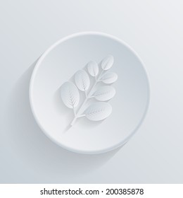 circle white paper icon with a long shadow. branch with leaves. the symbol of biology
